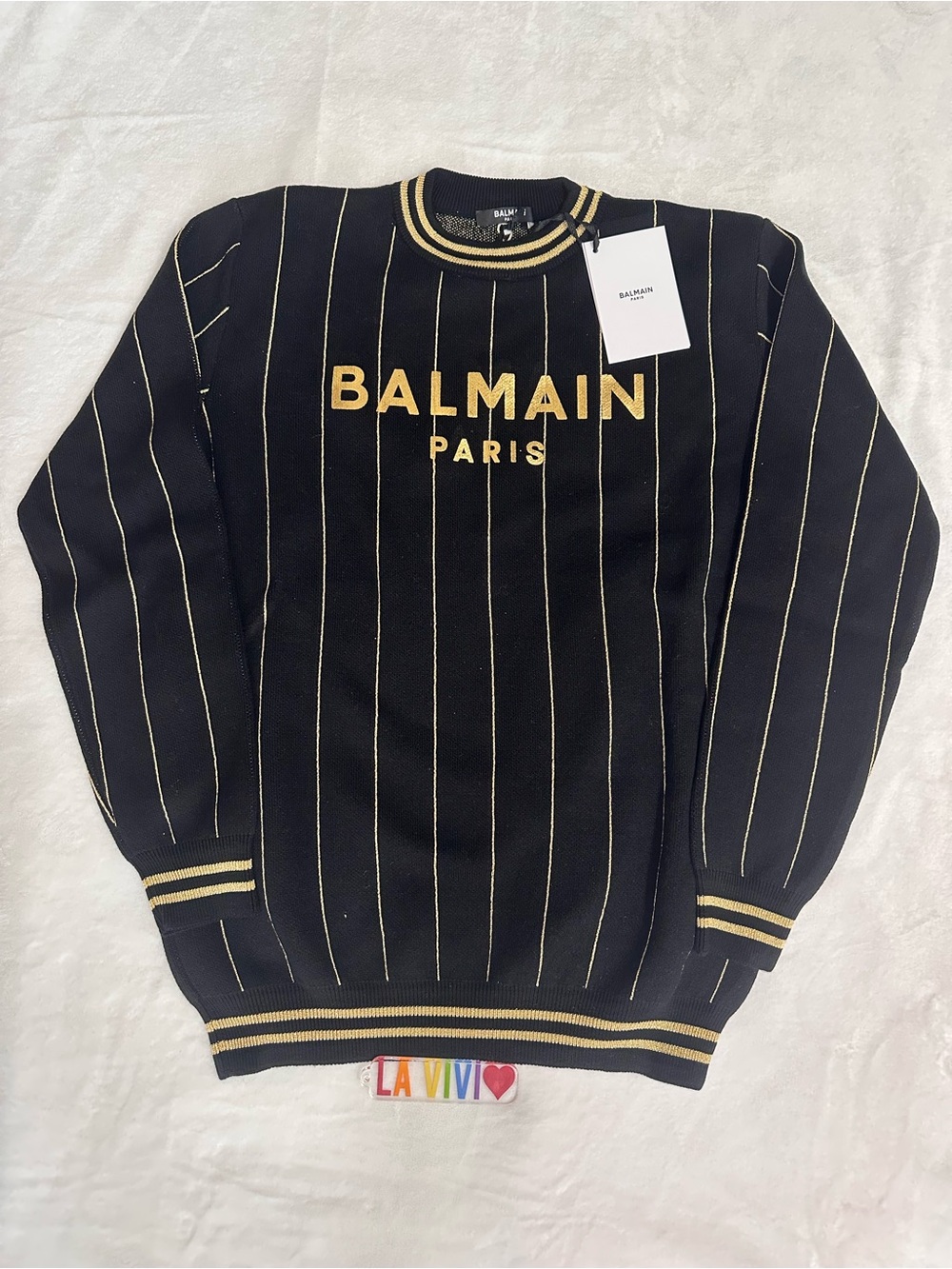 Balmain Black Crewneck Sweater with Gold Pinstripes